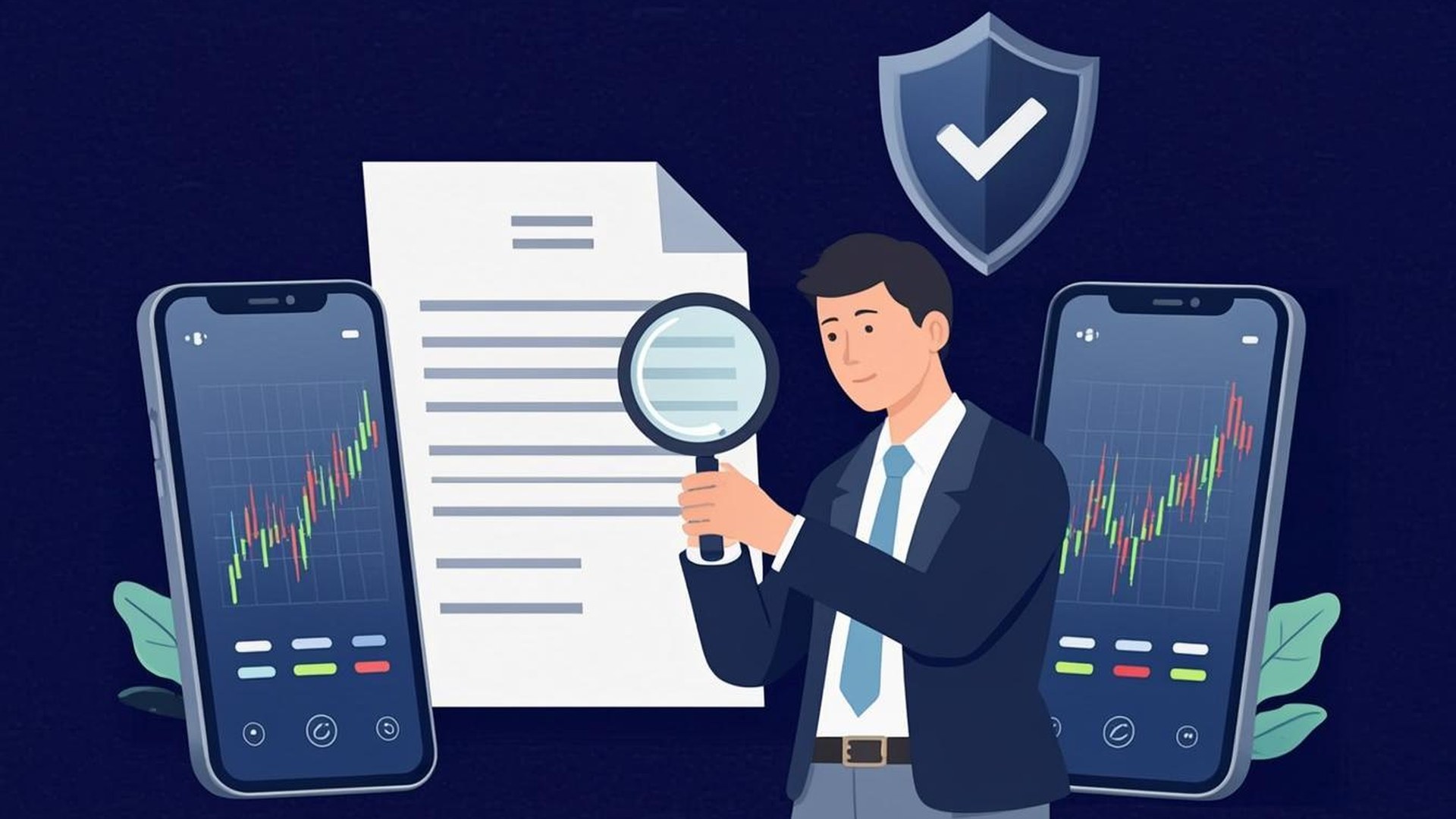 Trader verifying a broker document with magnifying glass and protective shield before funding
