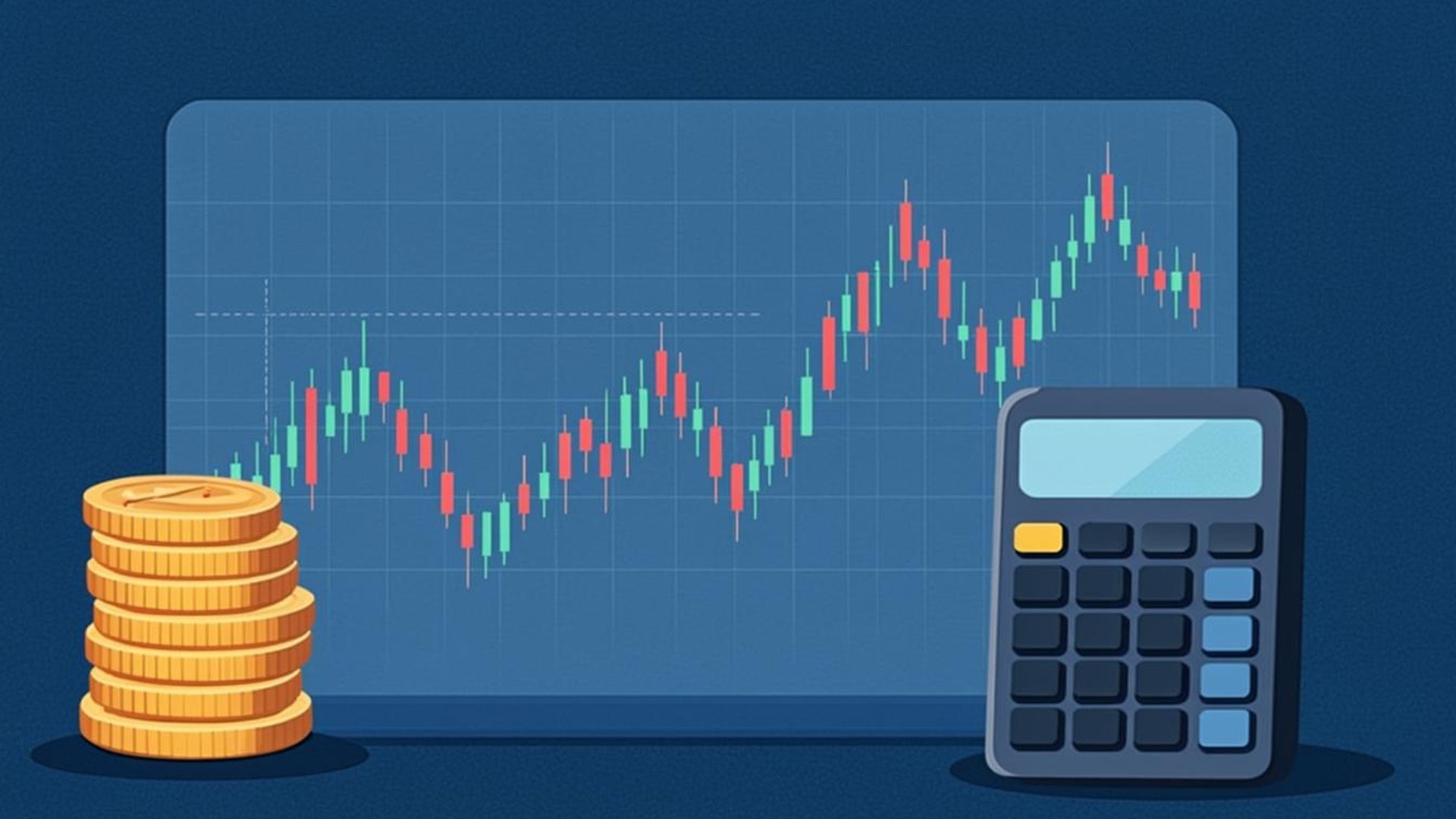Candlestick chart with narrow bid-ask spread beside golden coins and a calculator illustrating low trading costs